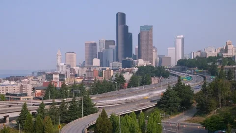 Seattle Skyline Featuring Dark Tapered Columbia Center Skyscraper Stock Footage 337513434
