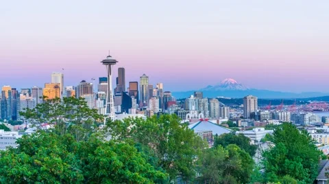 Seattle skyline with Mount Rainier in the background during sunset. Stock Footage 60217276