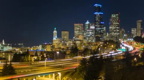 Seattle Skyline Night Traffic Stock Footage
