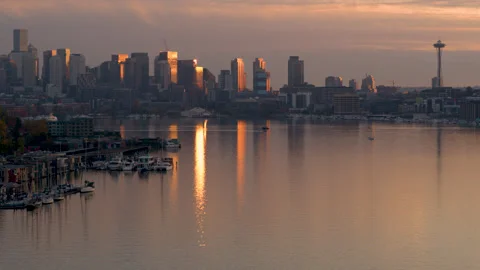 Seattle Skyline Reflection Lake Union Aerial Sunrise Calm Water 4K Stock Footage 268093411