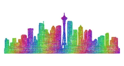 Seattle skyline silhouette - multicolor line art Stock Illustration