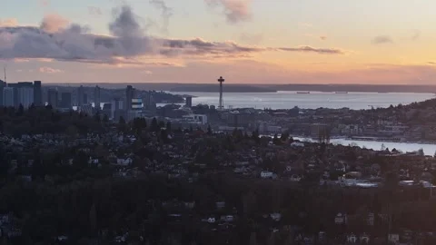 Seattle Skyline Sunset with Space Needle Over Capitol Hill Aerial View Stock Footage 267319108
