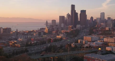 Seattle Skyline at Sunset Warm Evening Light Aerial 스톡 동영상 332249957