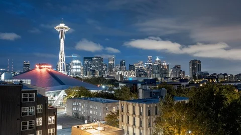 Seattle skyline time-lapse with dramatic sky, Washington, USA Stock Footage 105908736