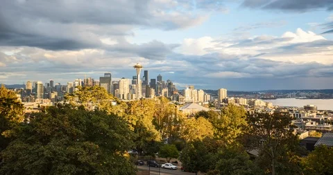 Seattle skyline time-lapse with dramatic sky, Washington, Pacific Nortwest, USA Stock Footage 108614422