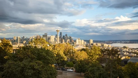 Seattle skyline time-lapse with moving clouds on a sunny day, Washington, USA Stock Footage 96439973