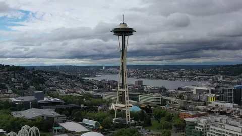 Seattle Space Needle Aerial Stock Footage 125775432