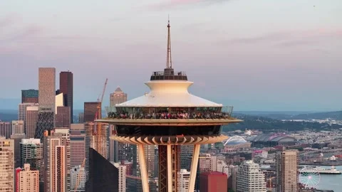 Seattle Space Needle Aerial Orbit at Dusk Downtown Skyline 4K Stock Footage 249199378