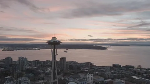 Seattle Space Needle Aerial Sunset Pan Skyline Elliott Bay 4K Stock Footage 206467435