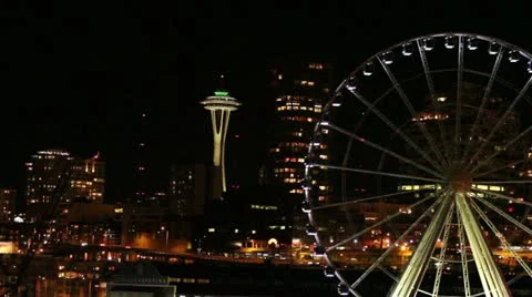 Seattle Space Needle &amp;amp; Ferris Wheel from Ferry Boat Stock Footage 20498171