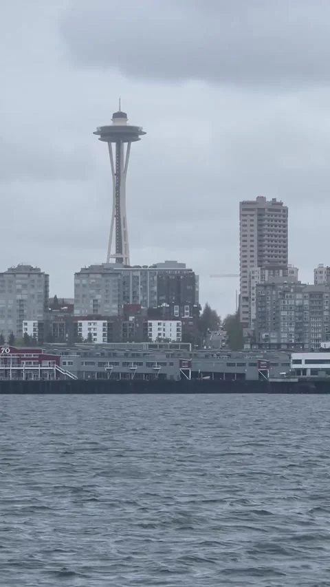 Seattle Space Needle and Downtown Skyline From Ferry on Elliott Bay Stock-Footage 336546539