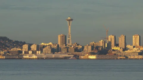 Seattle Space Needle and skyline from Puget Sound Stock Footage 36707692