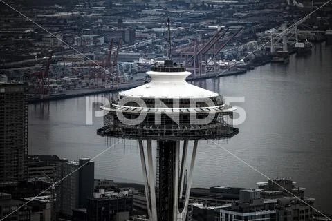 Seattle Space Needle From A Helicopter Stock Photos