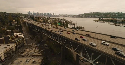 Seattle View from  I-5 Bridge Aerial Video stock 111726032