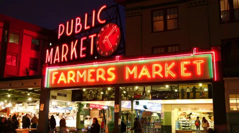 Seattle, WA - July 11, 2007: Time lapse shot Pike's Place Market at dusk Stock Footage