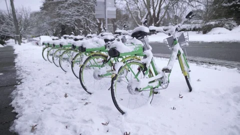 Seattle WA Snow covered bikes during snowpocalypse Stock Footage