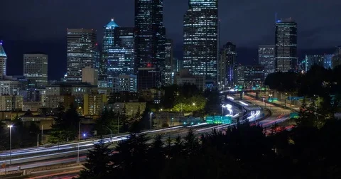 Seattle, WA USA - skyline with Interstate at night - Timelapse zoom out Stock Footage 75283945
