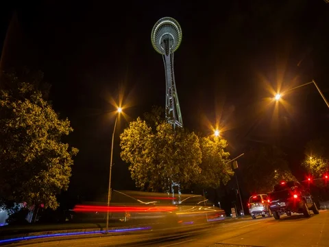 Seattle, WA USA - Space needle at night - Timelapse Stock Footage 75277975