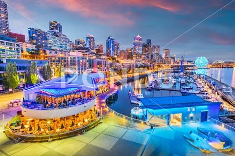 Seattle, Washington, USA Pier and Skyline Stock Photos