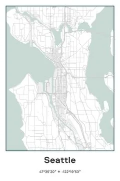 Seattle, Washington - vector map of city in Pastel, Gray, White, Green colors Stock Illustration
