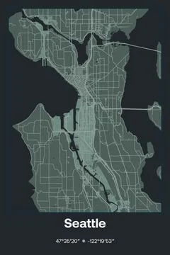 Seattle, Washington - vector map of city in Dark gray, Gray, Green, gray-green c Stock Illustration