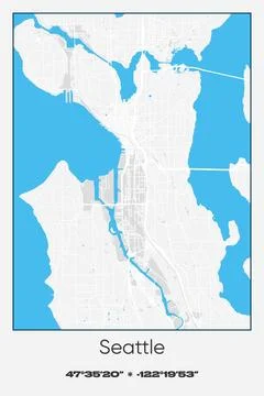 Seattle, Washington - vector map of city in Gray, white, blue colors Stock Illustration