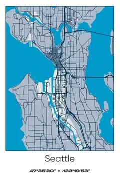 Seattle, Washington - vector map of city in Blue, Gray, Yellow, Olive colors Stock Illustration