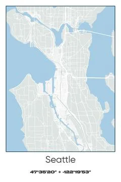 Seattle, Washington - vector map of city in Gray, white, green, blue colors Stock Illustration
