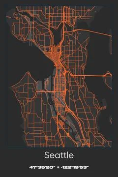 Seattle, Washington - vector map of city in Gray, Black, Orange colors Stock Illustration