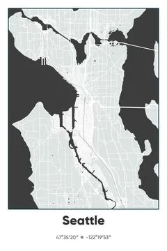 Seattle, Washington - vector map of city in Gray, Black, White colors Stock Illustration