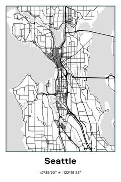 Seattle, Washington - vector map of city in Black, white, gray colors Stock Illustration