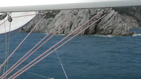Seaview Through the Rigging of Sailing Boat. 4k Stock Footage 61435153