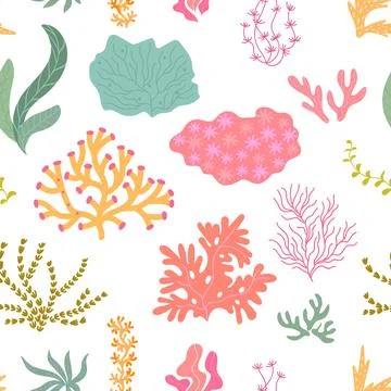 Seaweed corals seamless pattern. Abstract underwater plant elements, sea marine Stock Illustration