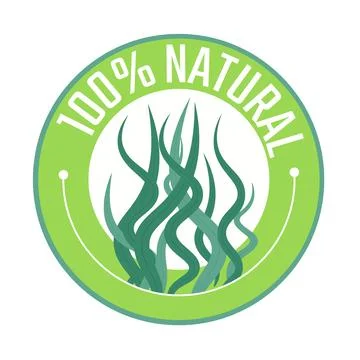 Seaweed emblem, 100 percent natural. Round sticker for print products of dietary Stock Illustration