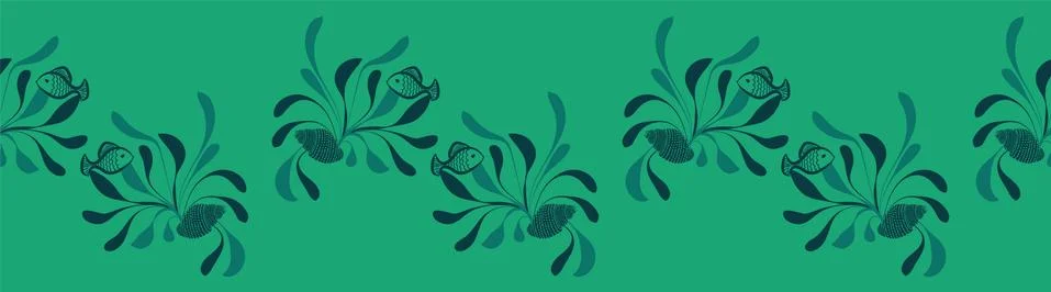 Seaweed fish an shells seamless vector border print in green color Stock Illustration