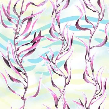 Seaweed kelp seamless pattern. Hand drawn watercolor plants botanical texture Stock Illustration