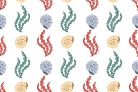 Seaweed seamless pattern with cute seashells and marine kelp on white background Stock Illustration