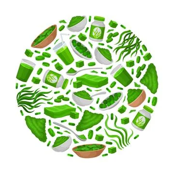 Seaweed Spirulina Round Composition Design with Green Superfood Vector Template Illustrazione stock