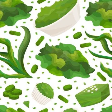 Seaweed Spirulina Seamless Pattern Design with Green Superfood Vector Template Illustrazione stock