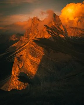 Seceda Mountain during Sunset in the Dolomites in Autumn Stock Photos
