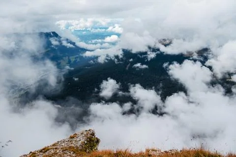 Seceda mountain range in the Dolomites shrouded in dramatic clouds Stock Photos