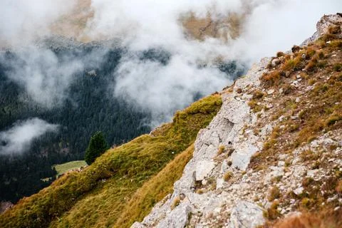 Seceda mountain ridge with dramatic clouds and green forest below in Dolomite Stock Photos