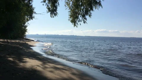 Secluded beach. Light waves on the sandy beach. The shadow of the trees on a Video stock 115795699