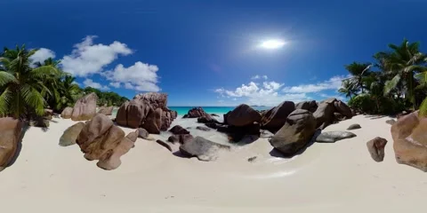 Secluded beach with palm trees and giant boulders. La Digue, Seychelles. Stock Footage 301287331