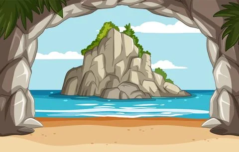 Secluded Beach View Through Cave Entrance Stock Illustration