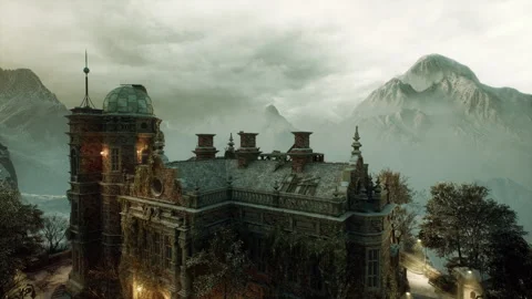 Secluded observatory on summit surrounded by dense fog and ominous storm clouds Stock Footage 346685669
