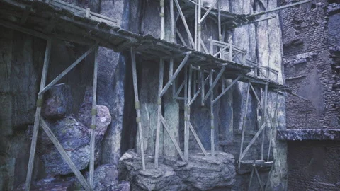 Secluded sanctuary concealed amongst rough wooden frameworks and misty haze Stock Footage 339802185