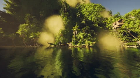 Secluded tropical paradise with glowing waves and lush surroundings 動画素材 331521952