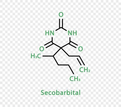 Secobarbital chemical formula. Secobarbital structural chemical formula isolated Stock Illustration