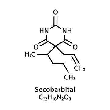 Secobarbital molecular structure. Secobarbital skeletal chemical formula Stock Illustration